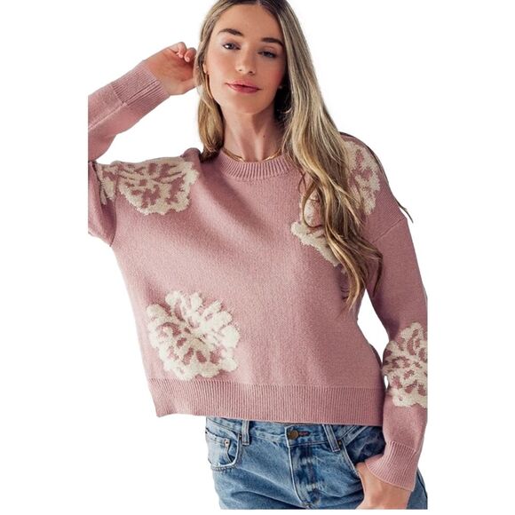 Dreamers by Debut Embroiled Floral Knit Crop Pink Sweater - Picture 1 of 7